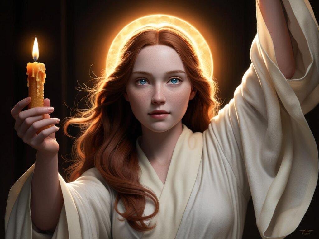 Une voyante ayant de l'intuition elle porte une bougie dans sa main et une grande lumière l'éblouie