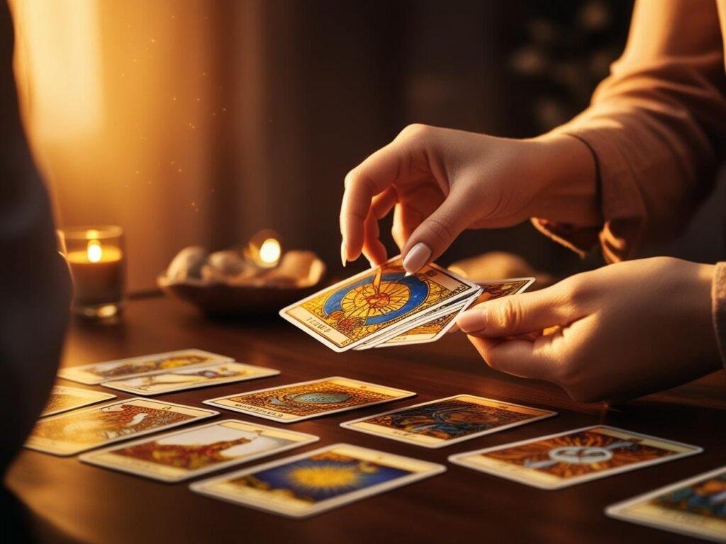 Une voyante en train de faire les cartes à une autre personne