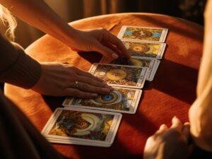 une voyante en train de faire les cartes à une autre personne