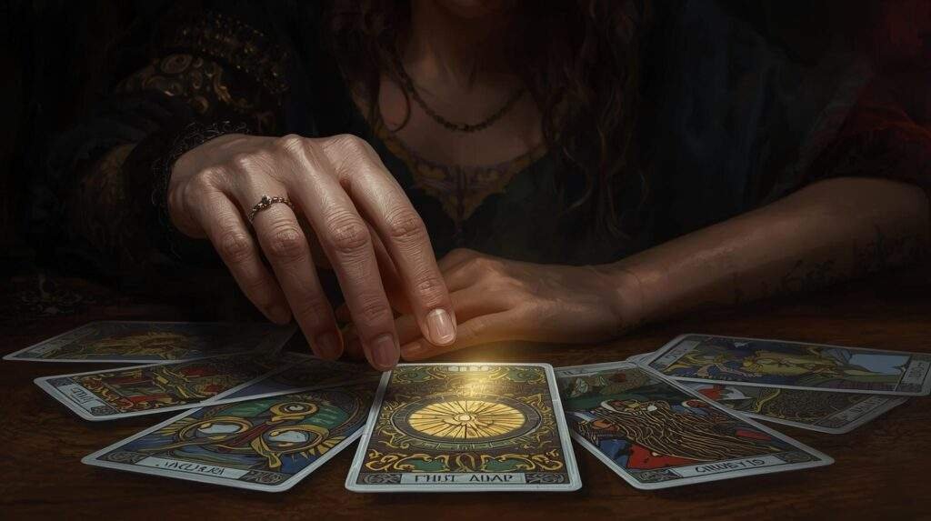 femme qui met sa main au dessus des cartes de voyance pour les magnétiser