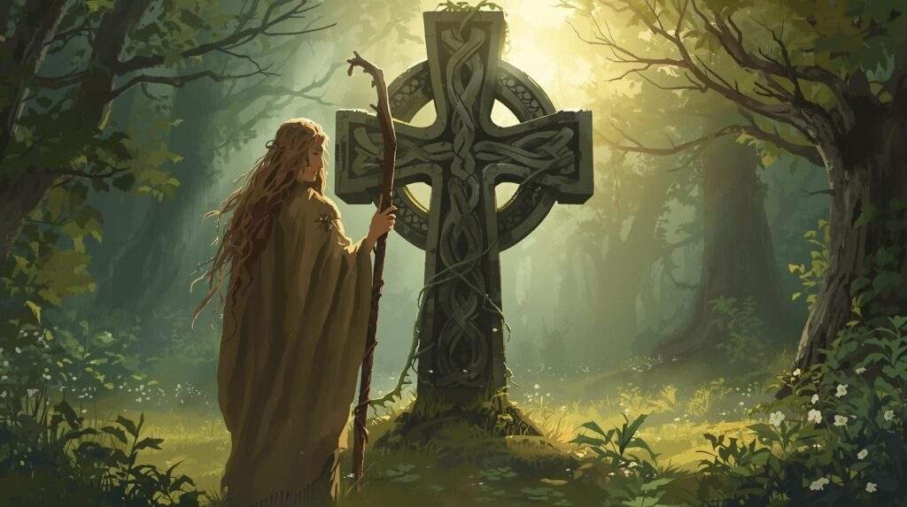 Druide et croix celtique – Triades celtes : percer les mystères de keugant, abred et gwenwed