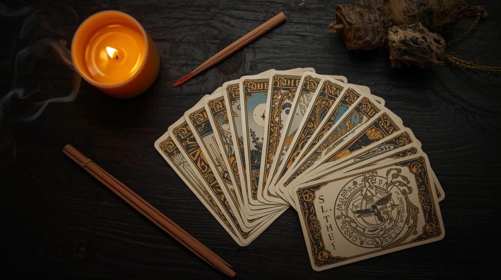 Cartes Oracle de voyance posées sur une table avec une bougie et un encens