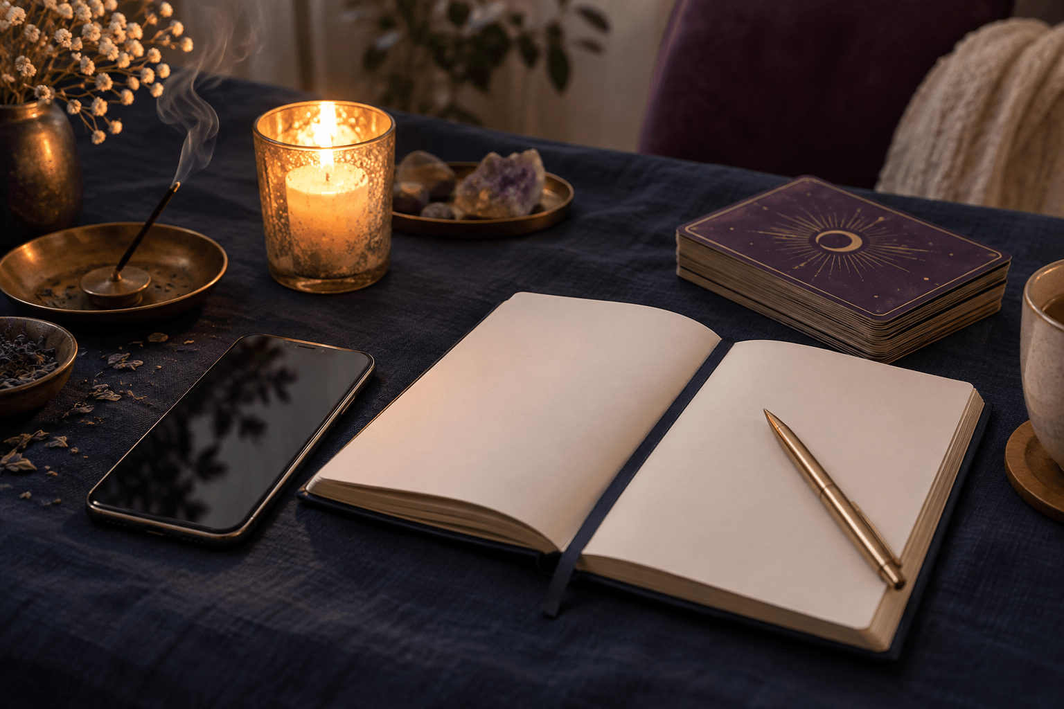 Téléphone, carnet et cartes pour une consultation de voyance par téléphone